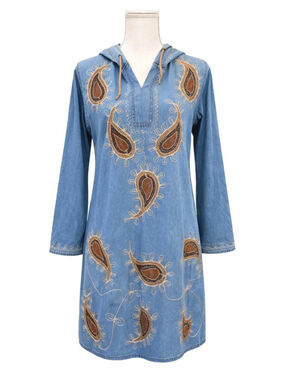 BB Fashion Denim Hooded Embroidered Paisley Dress SzM Boho Western Tunic Coastal